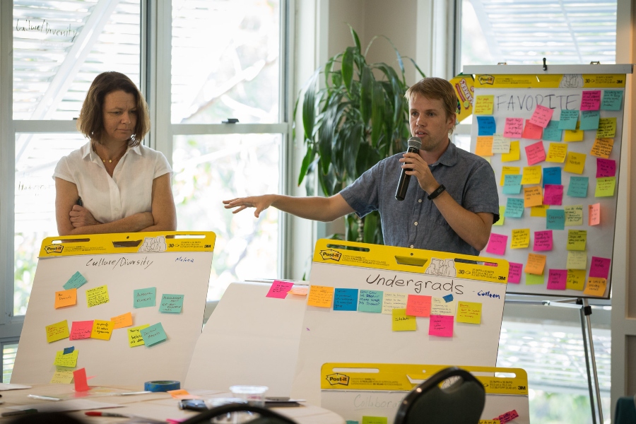 Two presenters at the 2017 Design Lab retreat stand behind poster boards filled with colorful Post-Its during a brainstorming activity.