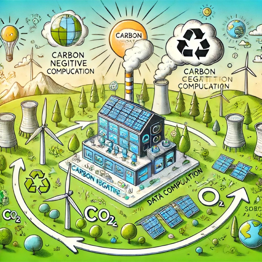 Illustration of a carbon-negative data center surrounded by renewable energy sources, including wind turbines and solar panels.