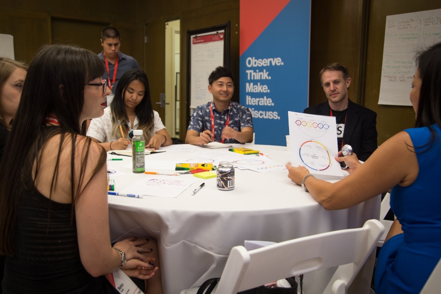 A group of participants at the Design Forward Summit 2017 brainstorm around a table, each with a paper displaying a graph.